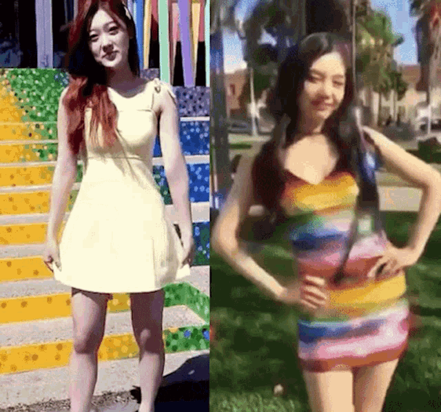 a woman in a white dress is standing next to a woman in a colorful dress .