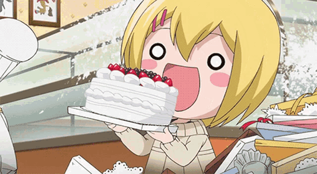 a cartoon girl holding a cake with berries on it