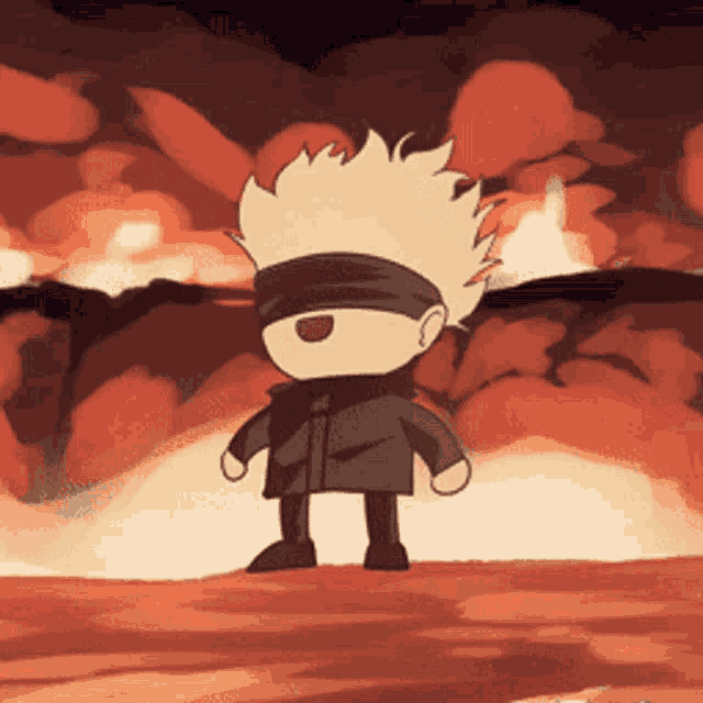 a cartoon character is standing in front of a burning mountain .