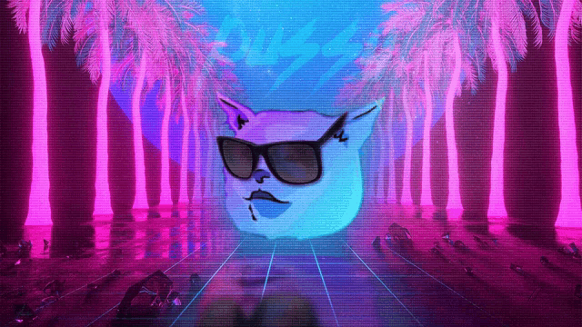 a cat wearing sunglasses is surrounded by palm trees and the word pussy is visible in the background