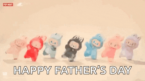 a group of stuffed animals are standing next to each other in a row and saying happy father 's day .