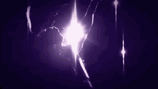 a purple lightning bolt is coming out of the sky in the dark .