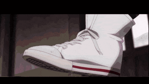 a person wearing a pair of white sneakers with red stripes
