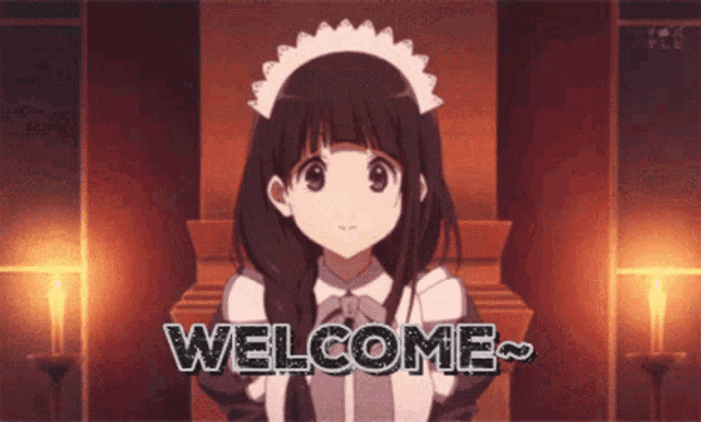 a girl in a maid outfit is standing in front of a welcome sign
