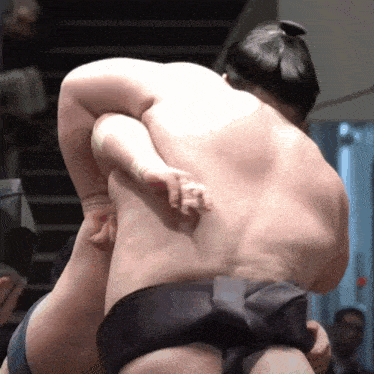 a sumo wrestler is wrestling another wrestler with his back to the camera