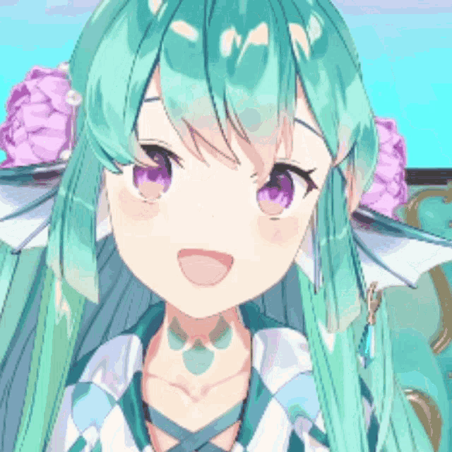 a girl with green hair and purple eyes looks at the camera