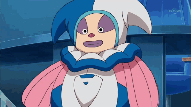 a cartoon character with a blue and white hat and a purple eye