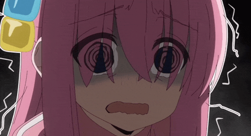 a close up of a girl with pink hair making a sad face