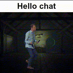 a man is dancing in a dark room with the words hello chat written above him