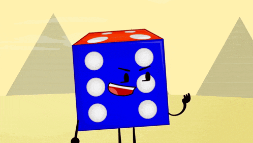 a blue dice with white dots and a face