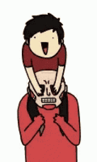a man is carrying a child on his shoulders and the child is making a funny face .