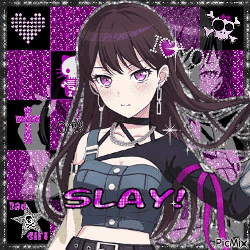 a picture of a girl with purple eyes and the words slay