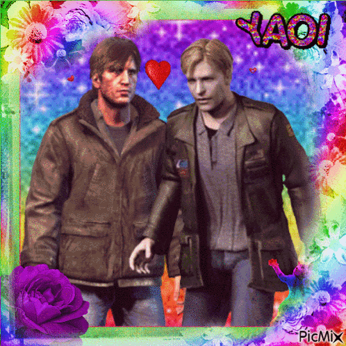 a picture of two men with the word yaoi on the top