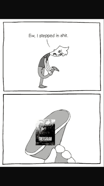 a cartoon shows a man kneeling down next to a shoe that says shershaah