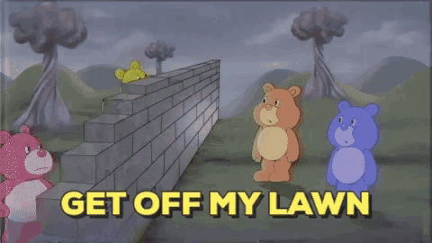 a cartoon of a group of teddy bears with guns says get off my lawn