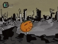 a cartoon of an orange with a sad face standing in the middle of a destroyed city