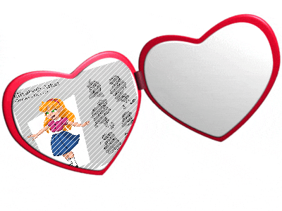 a heart shaped mirror with a picture of a girl in the reflection