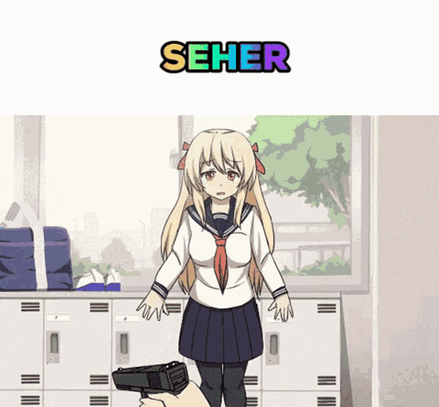 a girl in a school uniform is being shot with a gun and the word seher is above her