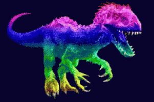 a pixel art of a rainbow dinosaur with its mouth open