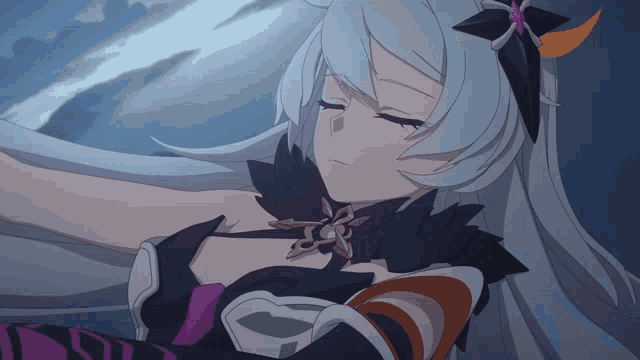 a girl with white hair and black feathers is laying down