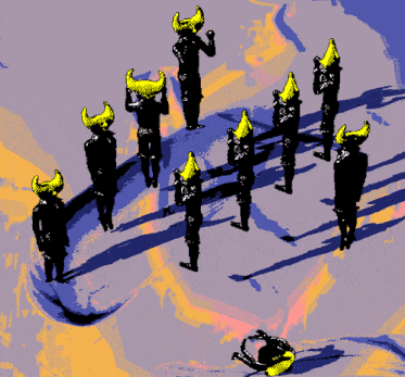 a group of people wearing horned hats are standing in a line