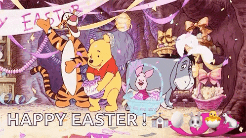 a cartoon of winnie the pooh , tigger , piglet , and eeyore celebrating easter