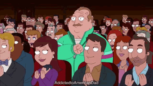 a cartoon of a man standing in front of a crowd with addicted to american dad written on the bottom