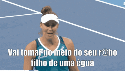 a woman wearing a presidential visor is standing on a tennis court