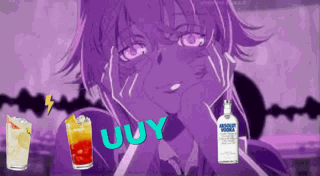 a bottle of absolut vodka sits next to a girl with purple eyes