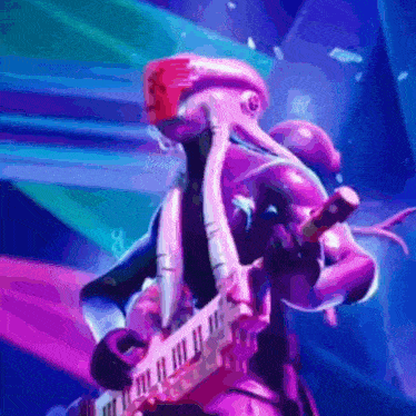 a purple alien is playing a keyboard in a purple and blue background .