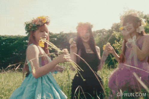 three girls with flowers in their hair are standing in a field with gifrun.com in the corner