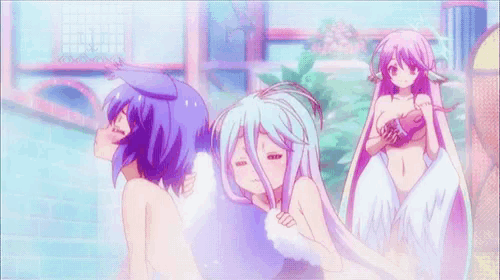 a group of anime girls are taking a bath in a hot tub