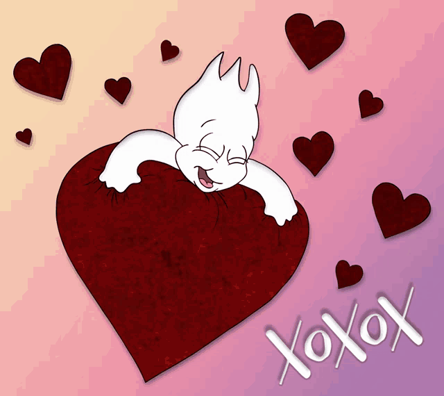 a drawing of a cat laying on a red heart with the word xoxox written below it
