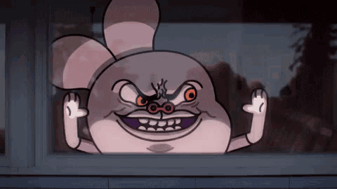 a cartoon character with a very angry face is looking out of a window .