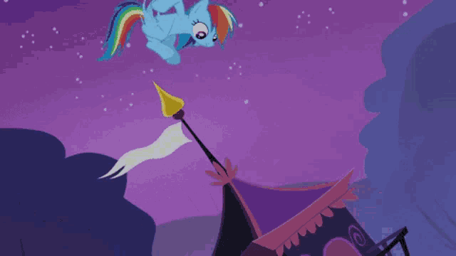 a blue pony with a rainbow mane is standing on top of a purple tent