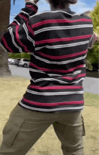 a man wearing a striped shirt and khaki pants is standing in a park .