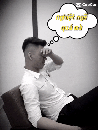 a man in a white shirt is sitting in a chair with a thought bubble that says capcut