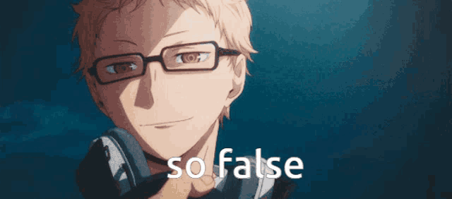 a man wearing glasses and headphones with the words so false behind him