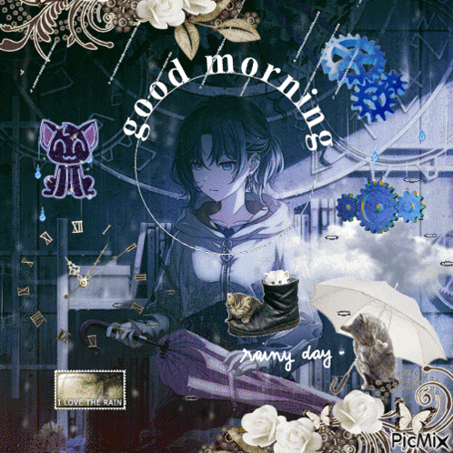 a picture of a girl holding an umbrella with the words good morning rainy day on it
