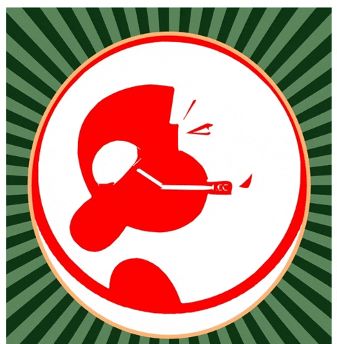 a red and white circle with a man smoking a cigarette and the letter cc on it