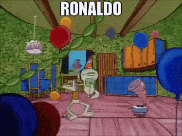 a cartoon scene with balloons and the name ronaldo on the bottom