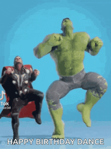 hulk and thor are dancing together with the words happy birthday dance on the bottom