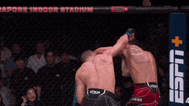 a fighter is laying on the ground in a boxing ring while a referee watches .