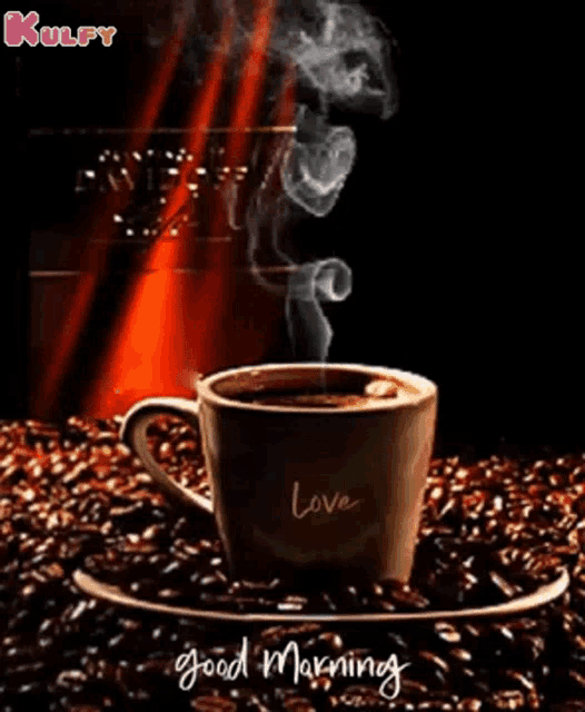 a cup of coffee is sitting on a saucer surrounded by coffee beans and smoke is coming out of it .