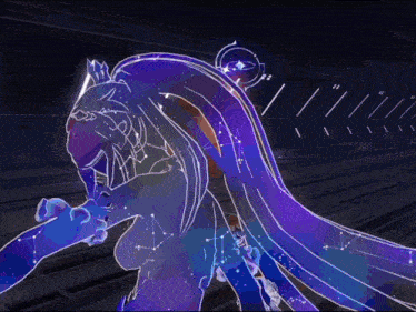 a drawing of a girl with purple hair and a ponytail surrounded by stars