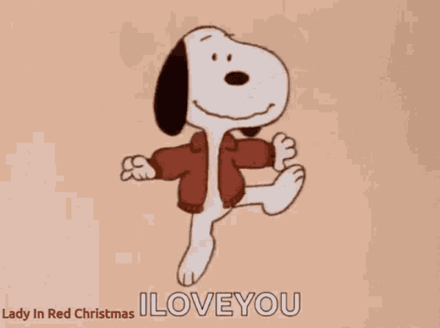 a cartoon of snoopy wearing a red sweater with the words i love you below him