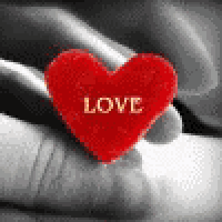 a person holding a red heart with the word love on it .