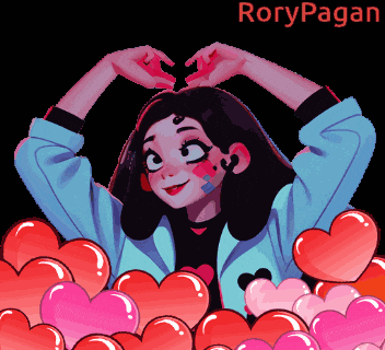 a girl making a heart shape with her hands is surrounded by hearts and the name rory pagan is on the bottom