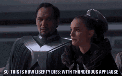a close up of a woman 's face with the words so this is how liberty dies with thunderous applause