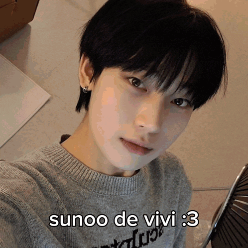 a young man wearing a grey sweater with the words sunoo de vivi written on it